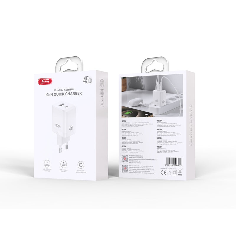 XO sienas lādētājs CE36 PD 45 W 1× USB-C 1× USB, balts