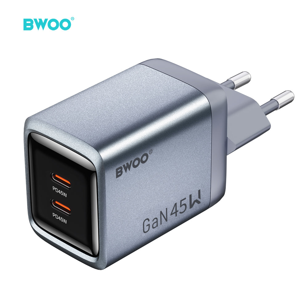 BWOO BO-CDA239 GaN sienas lādētājs, 45W, 2xUSB-C, PD, PPS, pelēks
