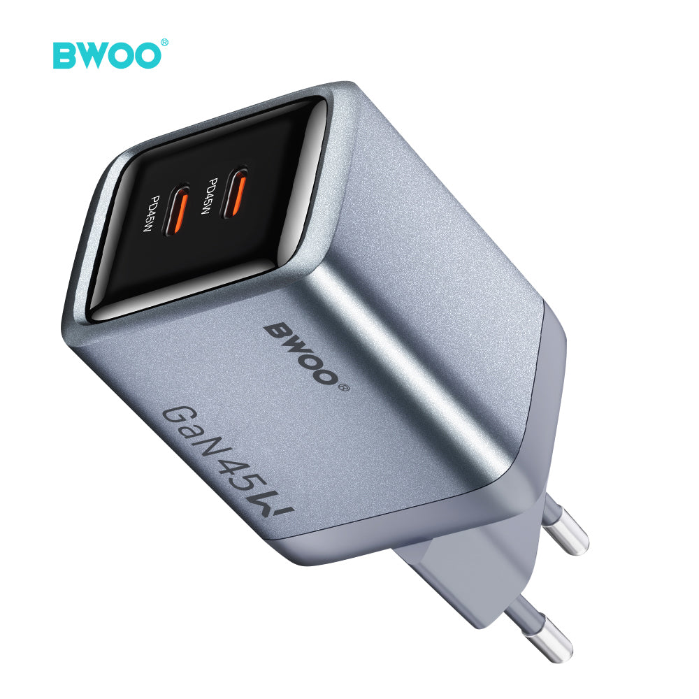 BWOO BO-CDA239 GaN sienas lādētājs, 45W, 2xUSB-C, PD, PPS, pelēks