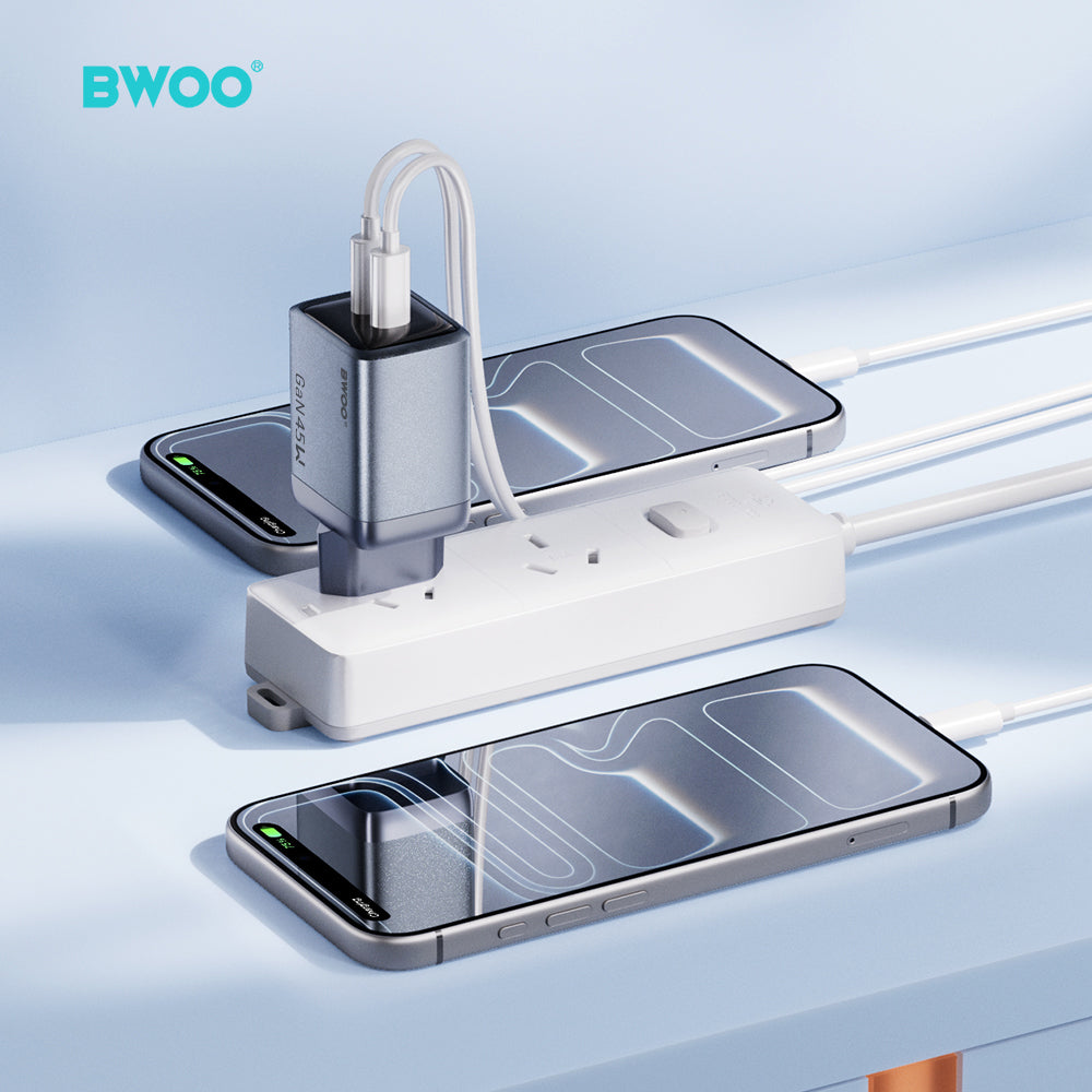 BWOO BO-CDA239 GaN sienas lādētājs, 45W, 2xUSB-C, PD, PPS, pelēks