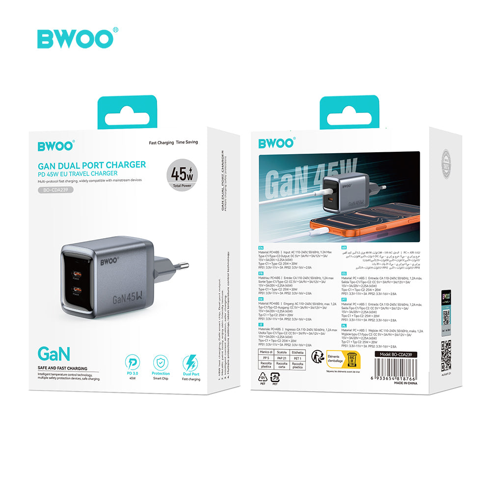 BWOO BO-CDA239 GaN sienas lādētājs, 45W, 2xUSB-C, PD, PPS, pelēks