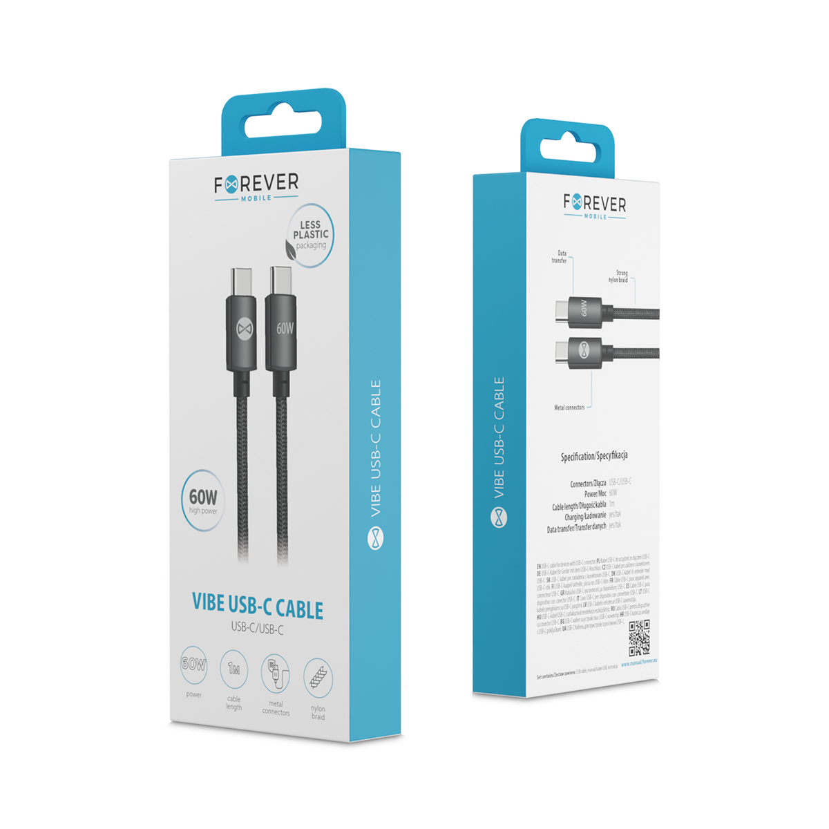 Forever Vibe USB-C–USB-C kabelis, 60W, 1m, tumši pelēks