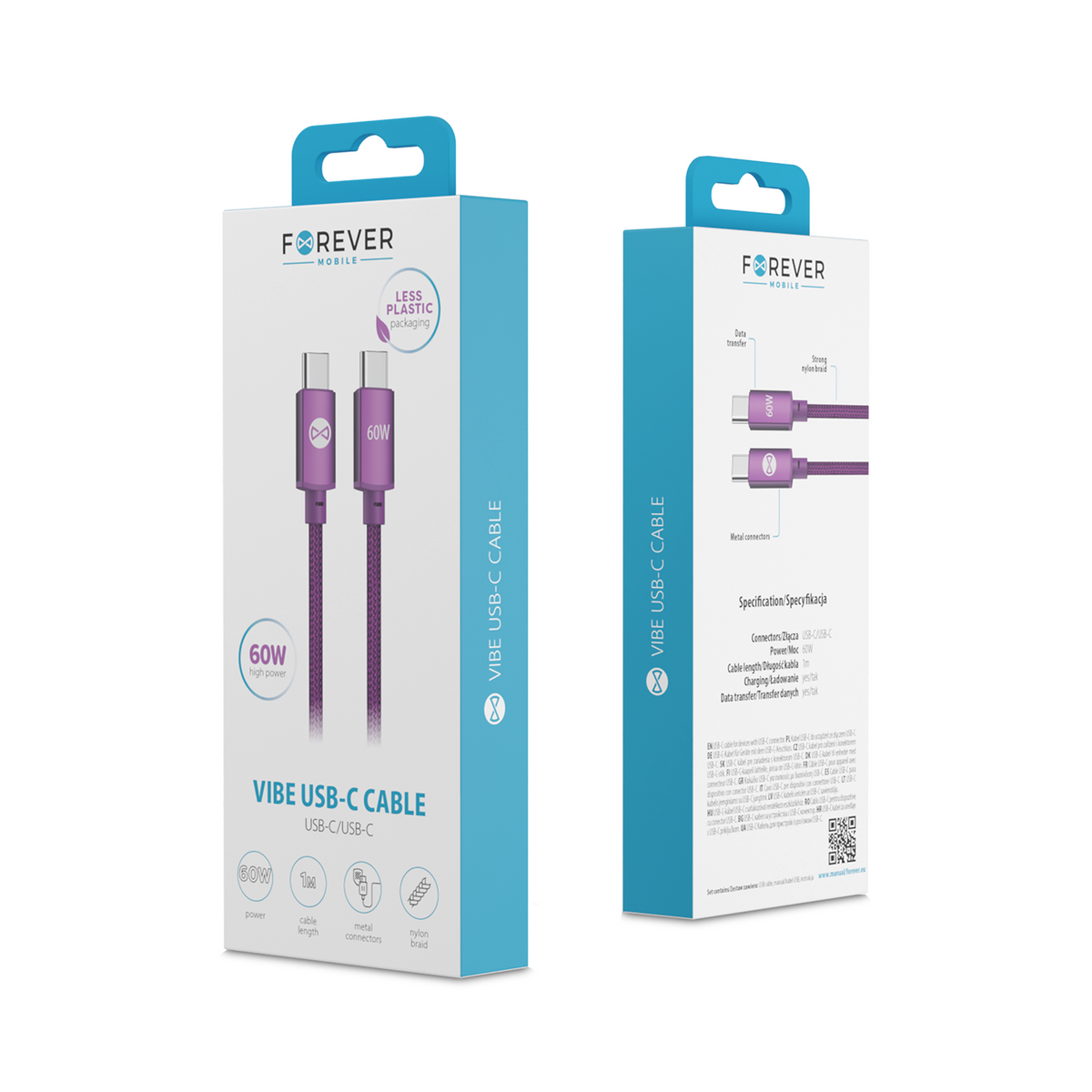 Forever Vibe USB-C–USB-C kabelis, 60W, 1m, tumši ķiršu