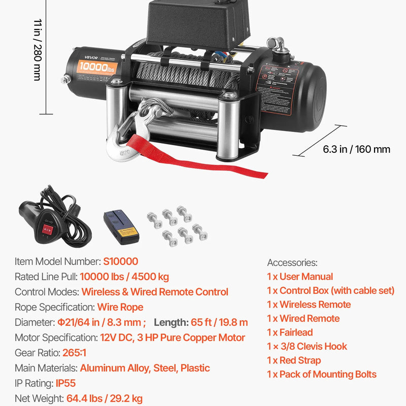 EVOR elektriskā vinča, 4 500 kg vilkšanas jauda, 12 V līdzstrāvas kravas auto vinča ar Φ8,3 mm × 19,8 m tērauda trosi, bezvadu un vadu tālvadība, IP55 ūdensizturība SUV, Jeep, piekabju, laivu un bezceļu transportlīdzekļu vilkšanai