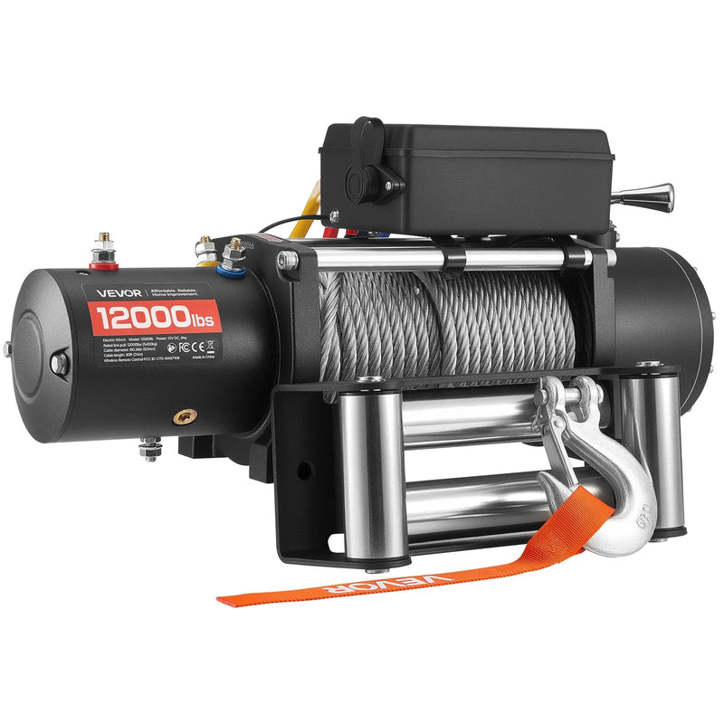 VEVOR elektriskā vinča, 5 400 kg vilkšanas jauda, 12 V līdzstrāvas kravas auto vinča ar Φ9,1 mm × 24 m tērauda trosi, bezvadu un vadu tālvadība, IP55 ūdensizturība SUV, Jeep, piekabju, laivu un bezceļu transportlīdzekļu vilkšanai