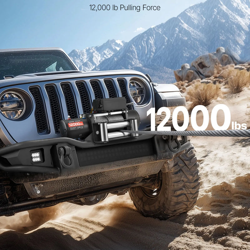 VEVOR elektriskā vinča, 5 400 kg vilkšanas jauda, 12 V līdzstrāvas kravas auto vinča ar Φ9,1 mm × 24 m tērauda trosi, bezvadu un vadu tālvadība, IP55 ūdensizturība SUV, Jeep, piekabju, laivu un bezceļu transportlīdzekļu vilkšanai