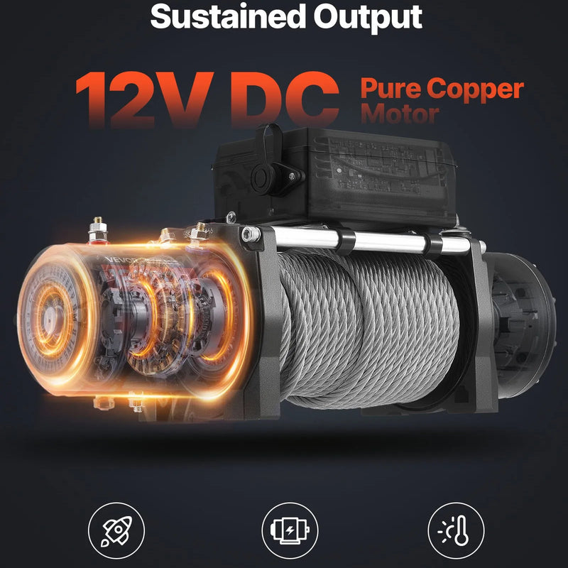 VEVOR elektriskā vinča, 5 400 kg vilkšanas jauda, 12 V līdzstrāvas kravas auto vinča ar Φ9,1 mm × 24 m tērauda trosi, bezvadu un vadu tālvadība, IP55 ūdensizturība SUV, Jeep, piekabju, laivu un bezceļu transportlīdzekļu vilkšanai