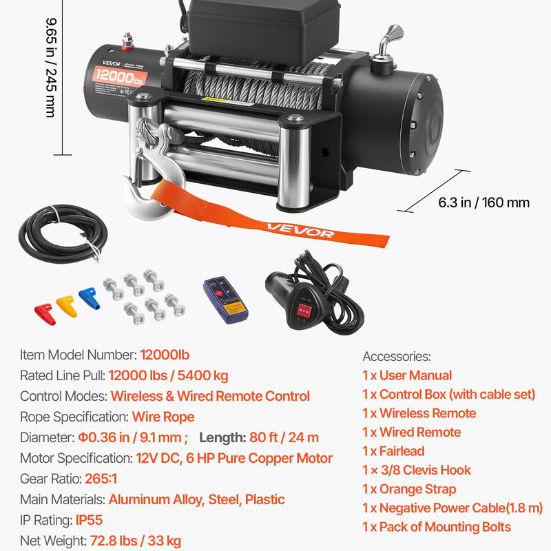 VEVOR elektriskā vinča, 5 400 kg vilkšanas jauda, 12 V līdzstrāvas kravas auto vinča ar Φ9,1 mm × 24 m tērauda trosi, bezvadu un vadu tālvadība, IP55 ūdensizturība SUV, Jeep, piekabju, laivu un bezceļu transportlīdzekļu vilkšanai