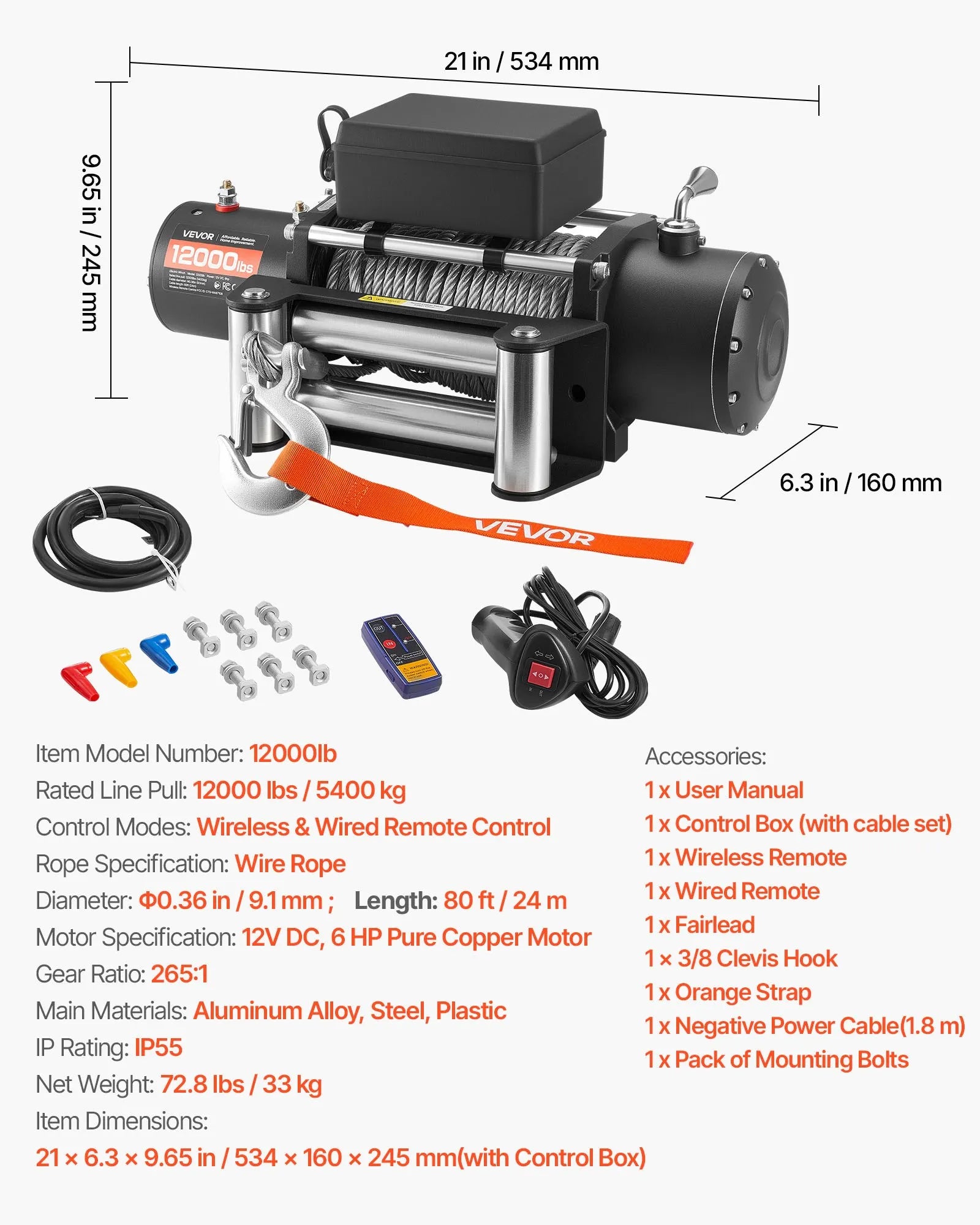 VEVOR elektriskā vinča, 5 400 kg vilkšanas jauda, 12 V līdzstrāvas kravas auto vinča ar Φ9,1 mm × 24 m tērauda trosi, bezvadu un vadu tālvadība, IP55 ūdensizturība SUV, Jeep, piekabju, laivu un bezceļu transportlīdzekļu vilkšanai