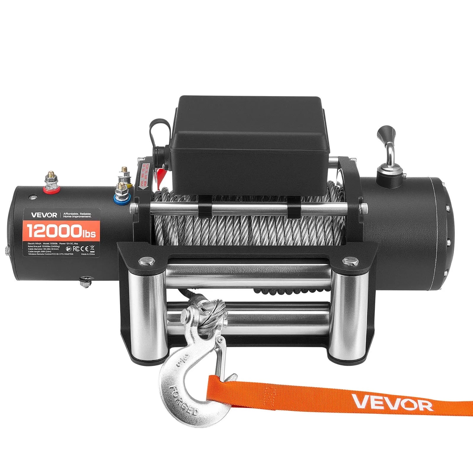 VEVOR elektriskā vinča, 5 400 kg vilkšanas jauda, 12 V līdzstrāvas kravas auto vinča ar Φ9,1 mm × 24 m tērauda trosi, bezvadu un vadu tālvadība, IP55 ūdensizturība SUV, Jeep, piekabju, laivu un bezceļu transportlīdzekļu vilkšanai