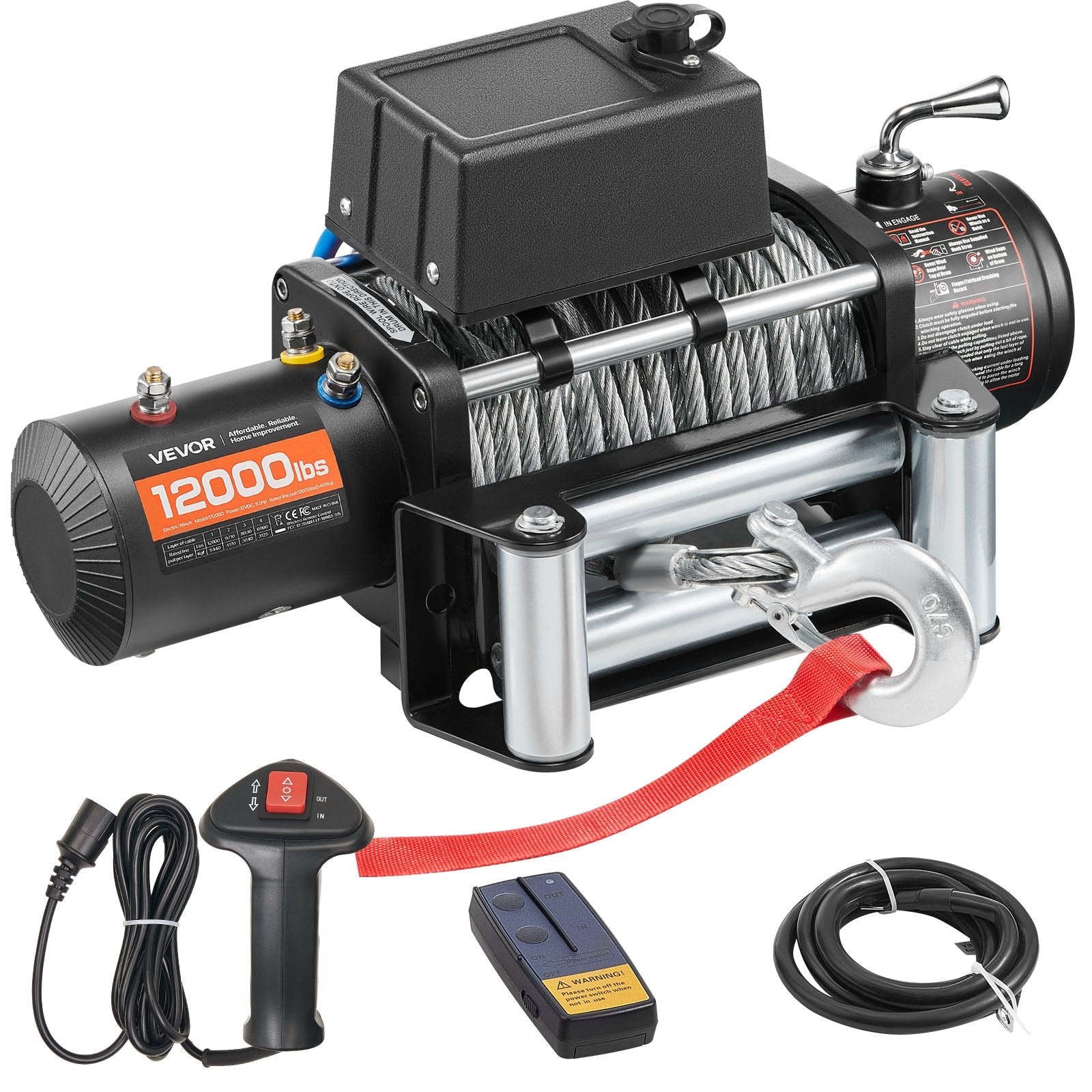 VEVOR elektriskā vinča, 12 V, vilkšanas jauda 5400 kg, tērauda trose Ø9,1 mm × 26 m, bezvadu un vadu tālvadība, piemērota SUV, Jeep, piekabēm, laivām un bezceļu transportlīdzekļiem