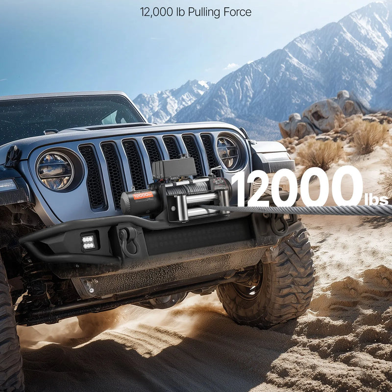 VEVOR elektriskā vinča, 12 V, vilkšanas jauda 5400 kg, tērauda trose Ø9,1 mm × 26 m, bezvadu un vadu tālvadība, piemērota SUV, Jeep, piekabēm, laivām un bezceļu transportlīdzekļiem