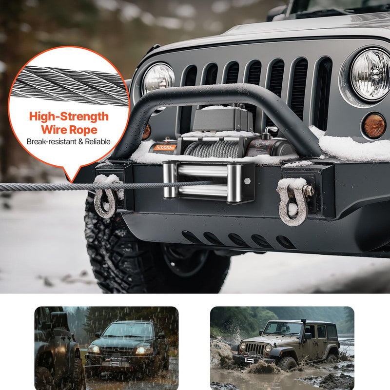 VEVOR elektriskā vinča, 12 V, vilkšanas jauda 5400 kg, tērauda trose Ø9,1 mm × 26 m, bezvadu un vadu tālvadība, piemērota SUV, Jeep, piekabēm, laivām un bezceļu transportlīdzekļiem