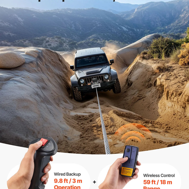 VEVOR elektriskā vinča, 12 V, vilkšanas jauda 5400 kg, tērauda trose Ø9,1 mm × 26 m, bezvadu un vadu tālvadība, piemērota SUV, Jeep, piekabēm, laivām un bezceļu transportlīdzekļiem