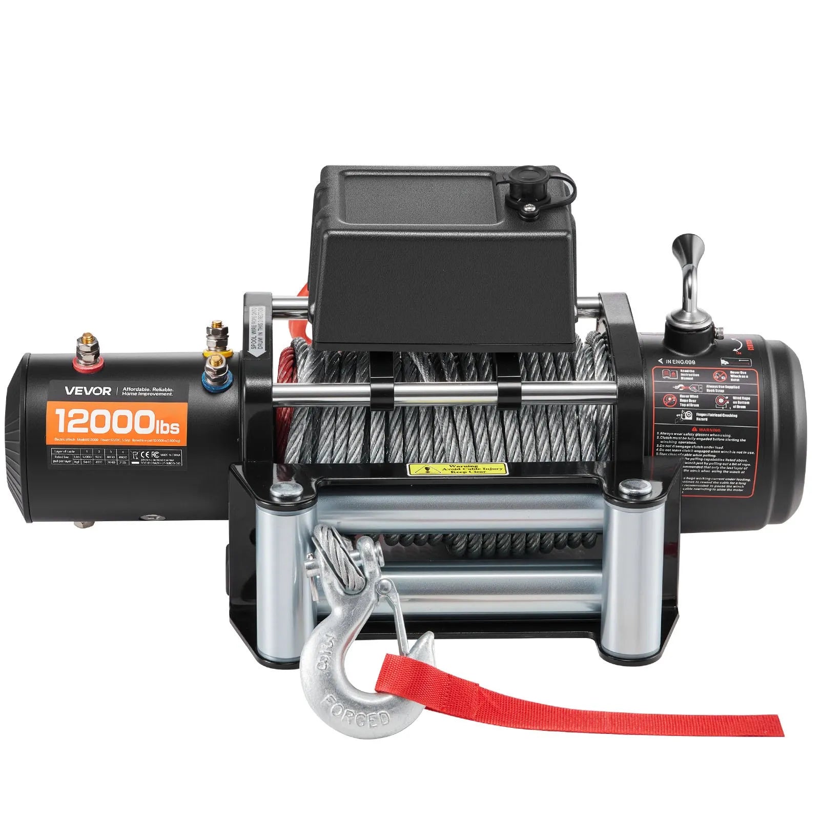 VEVOR elektriskā vinča, 12 V, vilkšanas jauda 5400 kg, tērauda trose Ø9,1 mm × 26 m, bezvadu un vadu tālvadība, piemērota SUV, Jeep, piekabēm, laivām un bezceļu transportlīdzekļiem