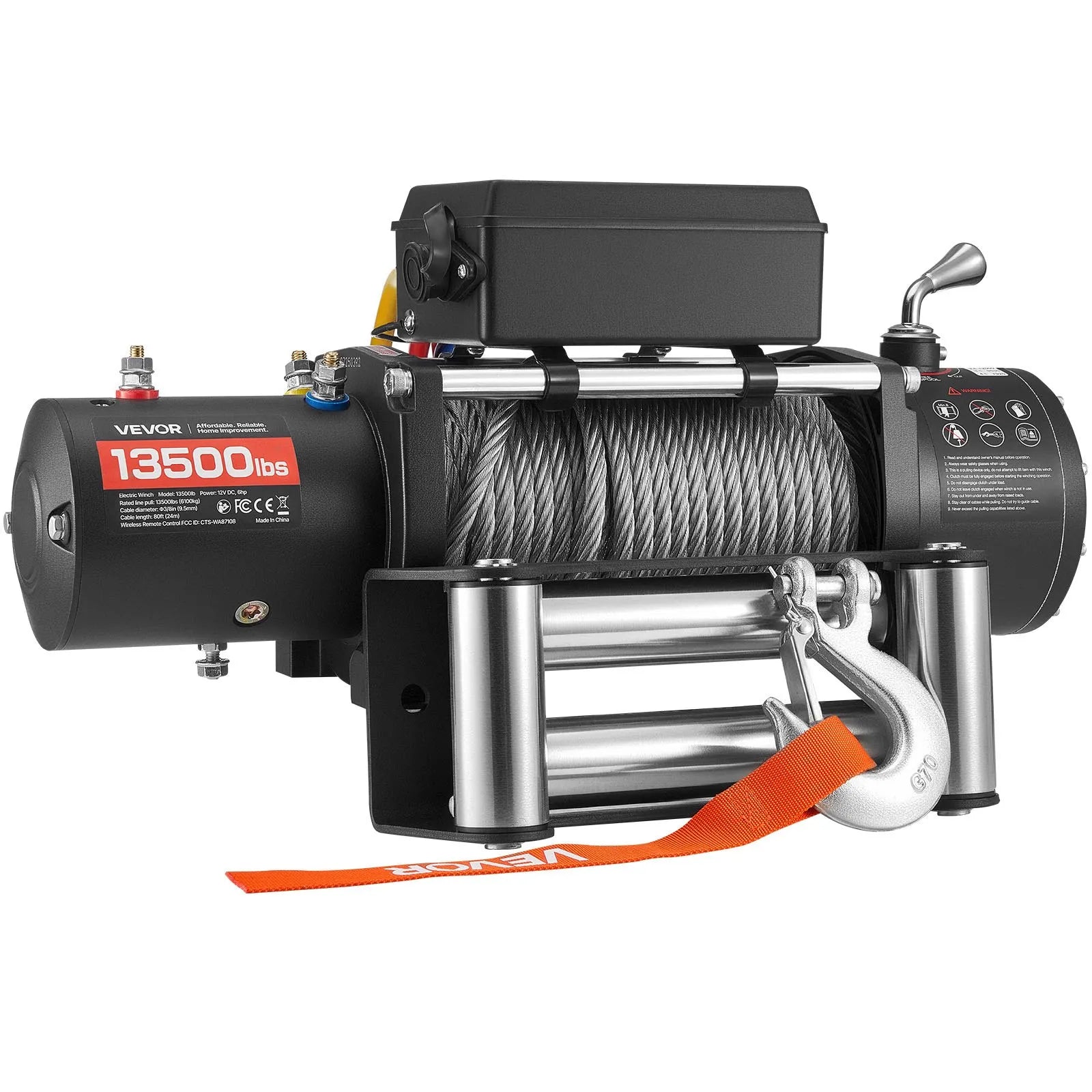 VEVOR elektriskā vinča, 6 100 kg vilkšanas jauda, 12 V līdzstrāvas kravas auto vinča ar Φ9,5 mm × 24 m tērauda trosi, bezvadu un vadu tālvadība, IP55 ūdensizturība SUV, Jeep, piekabju, laivu un bezceļu transportlīdzekļu vilkšanai