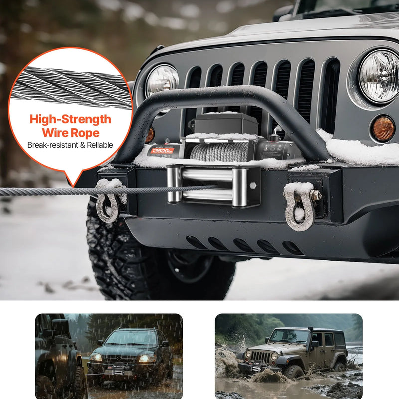 VEVOR elektriskā vinča, 6 100 kg vilkšanas jauda, 12 V līdzstrāvas kravas auto vinča ar Φ9,5 mm × 24 m tērauda trosi, bezvadu un vadu tālvadība, IP55 ūdensizturība SUV, Jeep, piekabju, laivu un bezceļu transportlīdzekļu vilkšanai