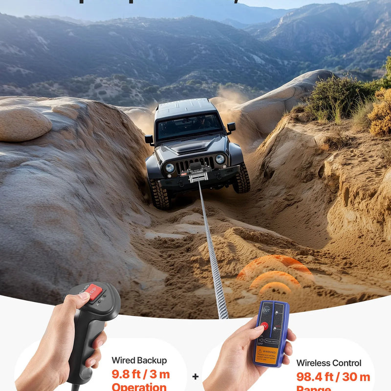 VEVOR elektriskā vinča, 6 100 kg vilkšanas jauda, 12 V līdzstrāvas kravas auto vinča ar Φ9,5 mm × 24 m tērauda trosi, bezvadu un vadu tālvadība, IP55 ūdensizturība SUV, Jeep, piekabju, laivu un bezceļu transportlīdzekļu vilkšanai