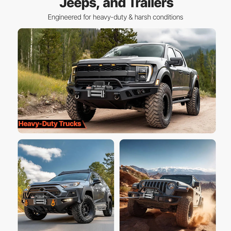 VEVOR elektriskā vinča, 6 100 kg vilkšanas jauda, 12 V līdzstrāvas kravas auto vinča ar Φ9,5 mm × 24 m tērauda trosi, bezvadu un vadu tālvadība, IP55 ūdensizturība SUV, Jeep, piekabju, laivu un bezceļu transportlīdzekļu vilkšanai