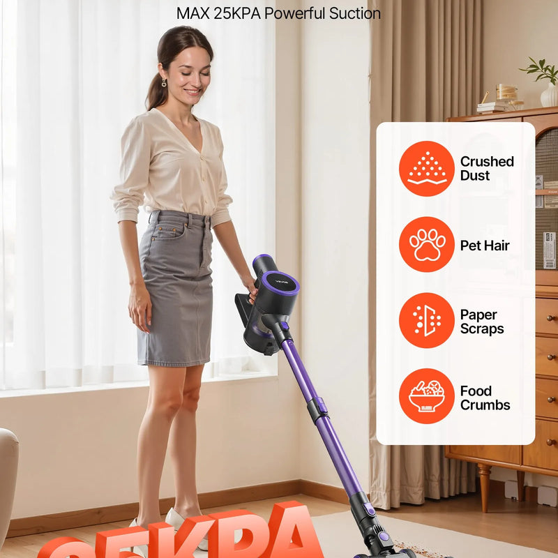 EVOR bezvadu putekļsūcējs ar maksimālo 25 kPa sūkšanas jaudu, uzlādējamu pret sapīšanos izturīgu konstrukciju, putekļu tvertni un 35 minūšu darbības laiku, viegls rokas putekļsūcējs mājai, paklājiem, mājdzīvnieku spalvām un cietām grīdām