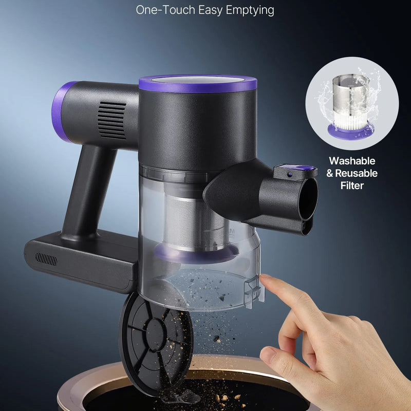 EVOR bezvadu putekļsūcējs ar maksimālo 25 kPa sūkšanas jaudu, uzlādējamu pret sapīšanos izturīgu konstrukciju, putekļu tvertni un 35 minūšu darbības laiku, viegls rokas putekļsūcējs mājai, paklājiem, mājdzīvnieku spalvām un cietām grīdām