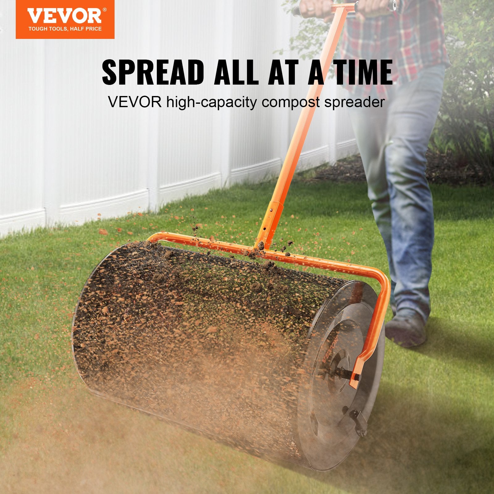 VEVOR Komposta Izkliedētājs, Regulējams Rokturs 62–65 cm, 61 cm Platums, Pulverkrāsots Tērauda Sietiņu Grozs, Mēslojuma, Augsnes, Komposta Izkliedēšanai