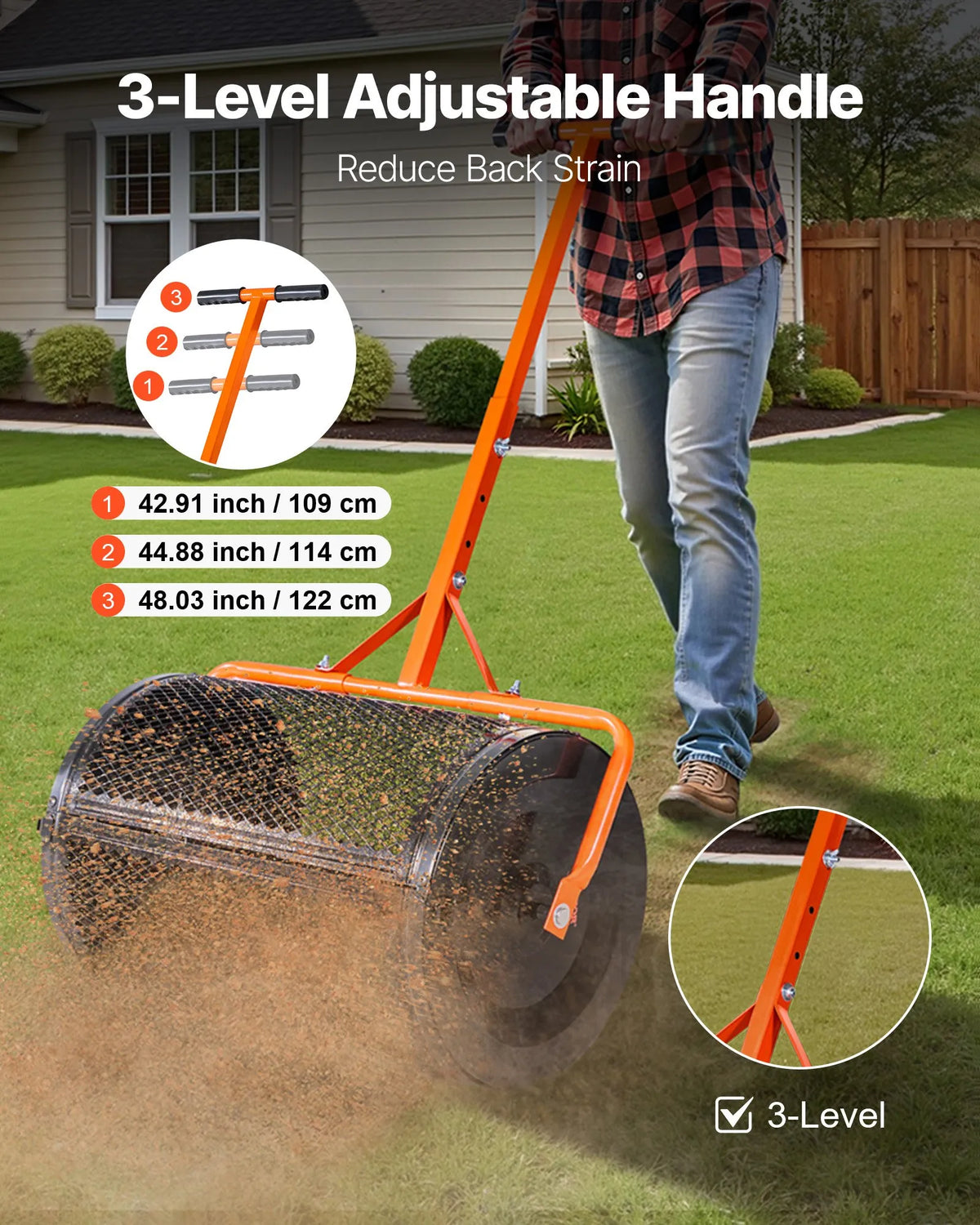 VEVOR Compost Spreader: 61 cm wide peat and seed spreader with a T-handle, 3 height adjustment levels, powder-coated steel garden compost roller for sowing grass and spreading fertilizer