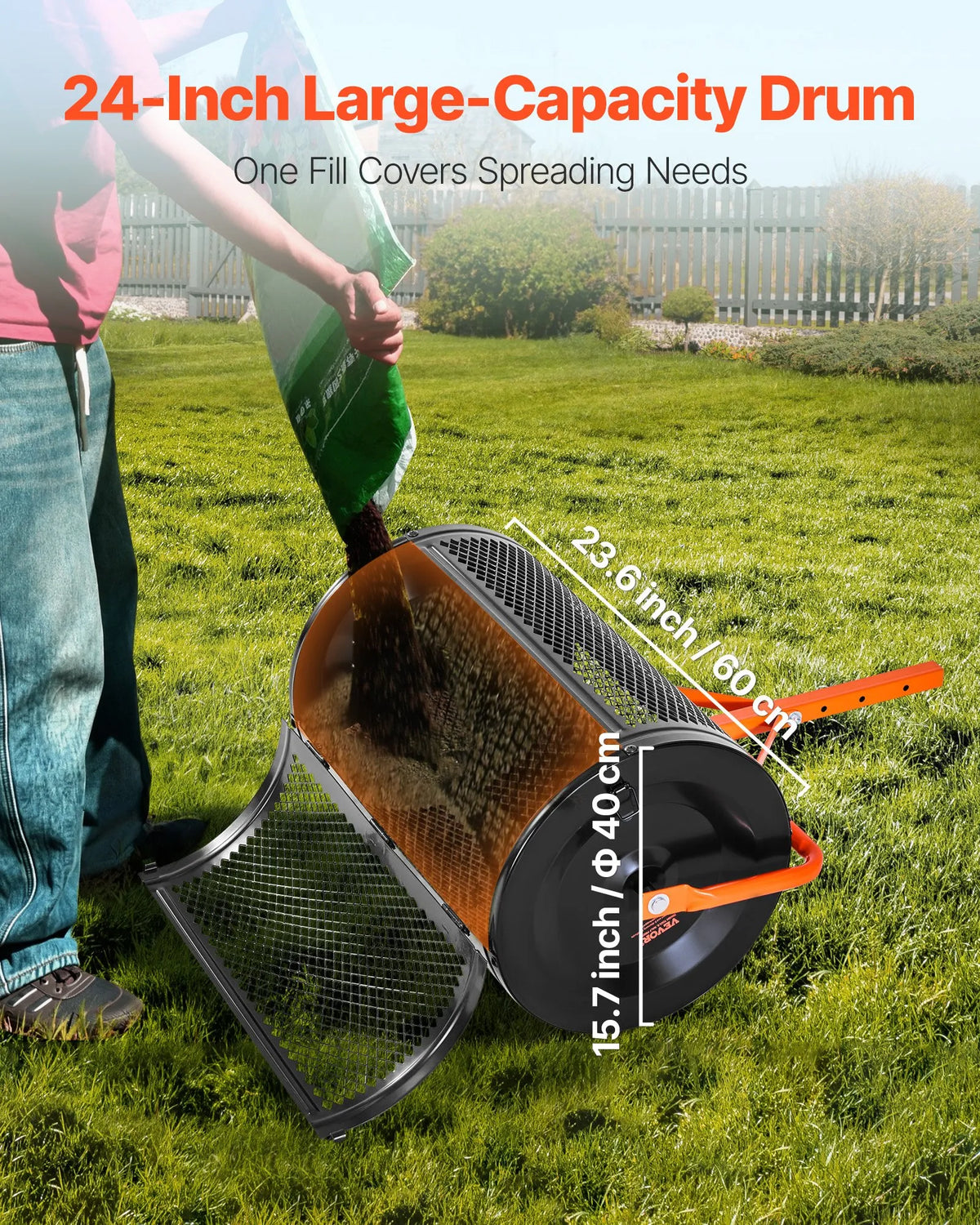 VEVOR Compost Spreader: 61 cm wide peat and seed spreader with a T-handle, 3 height adjustment levels, powder-coated steel garden compost roller for sowing grass and spreading fertilizer