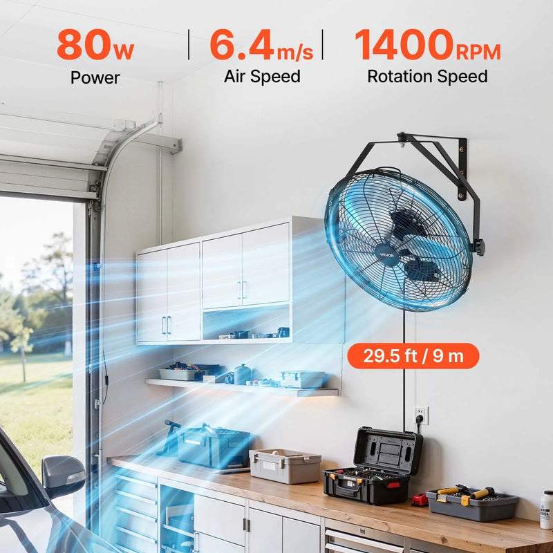 VEVOR sienas ventilators, 450mm, IP44, 3 ātrumi, liels gaisa plūsmas attālums, regulējams rotācijas leņķis, jaudīgs, rūpniecībai, komerctelpām, garāžām, darbnīcām un sporta zālēm