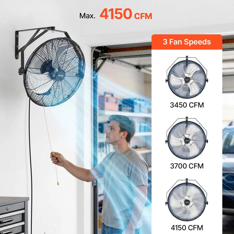 VEVOR sienas ventilators, 450mm, IP44, 3 ātrumi, liels gaisa plūsmas attālums, regulējams rotācijas leņķis, jaudīgs, rūpniecībai, komerctelpām, garāžām, darbnīcām un sporta zālēm