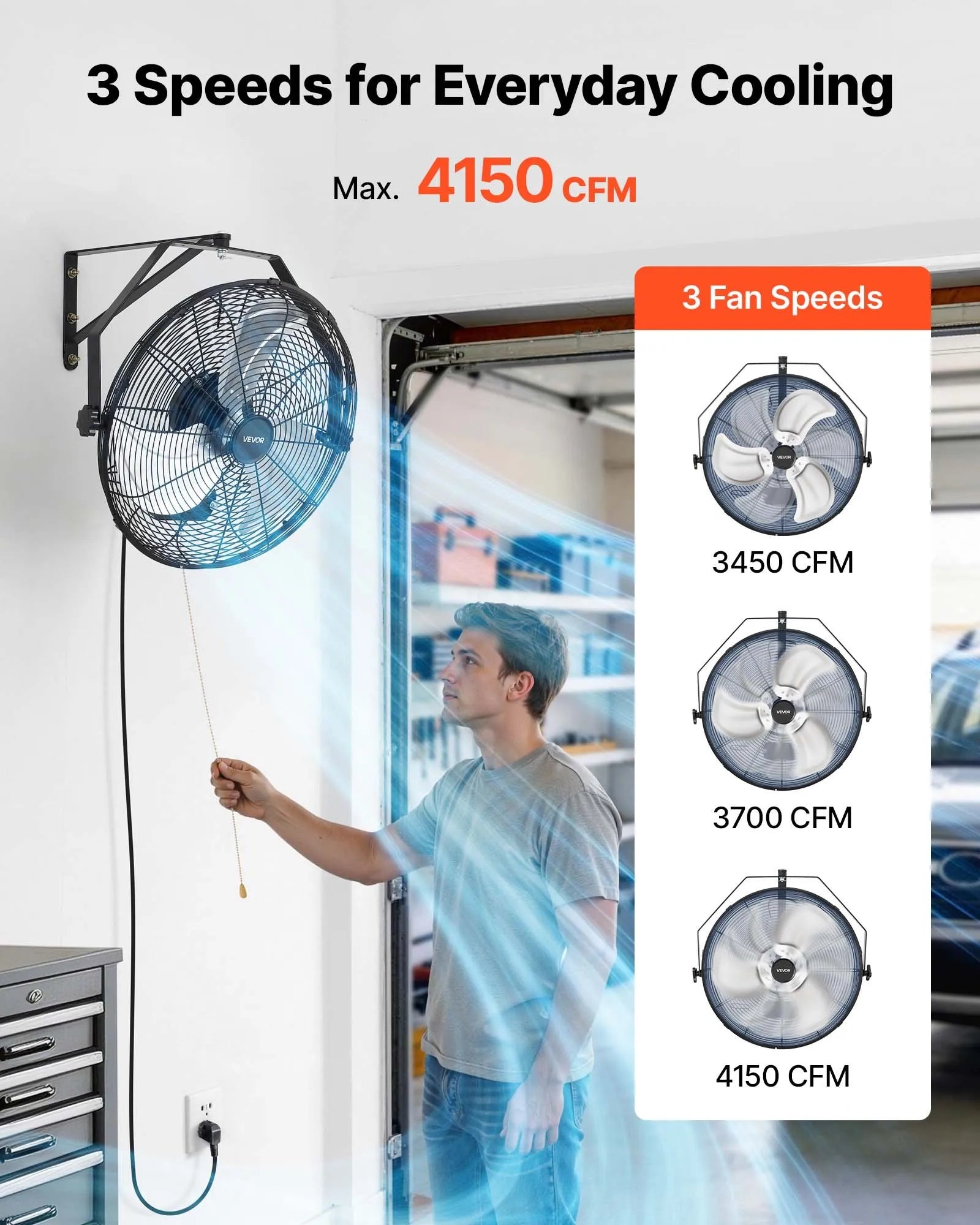 VEVOR sienas ventilators, 450mm, IP44, 3 ātrumi, liels gaisa plūsmas attālums, regulējams rotācijas leņķis, jaudīgs, rūpniecībai, komerctelpām, garāžām, darbnīcām un sporta zālēm