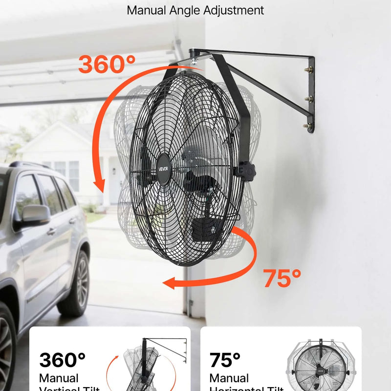 VEVOR sienas ventilators, 450mm, IP44, 3 ātrumi, liels gaisa plūsmas attālums, regulējams rotācijas leņķis, jaudīgs, rūpniecībai, komerctelpām, garāžām, darbnīcām un sporta zālēm