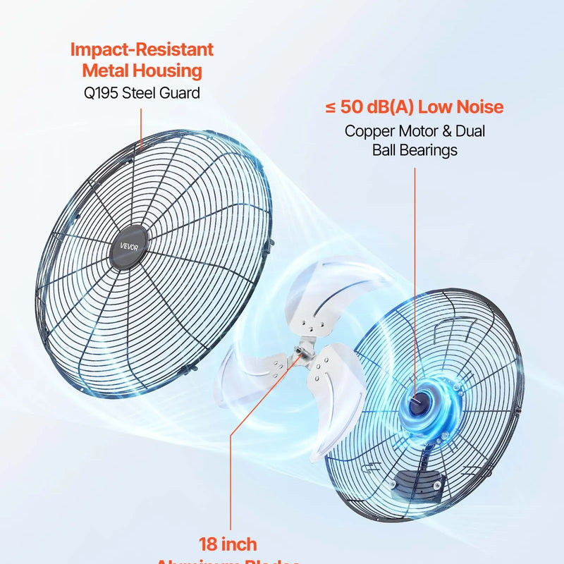 VEVOR sienas ventilators, 450mm, IP44, 3 ātrumi, liels gaisa plūsmas attālums, regulējams rotācijas leņķis, jaudīgs, rūpniecībai, komerctelpām, garāžām, darbnīcām un sporta zālēm