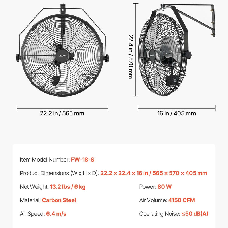VEVOR sienas ventilators, 450mm, IP44, 3 ātrumi, liels gaisa plūsmas attālums, regulējams rotācijas leņķis, jaudīgs, rūpniecībai, komerctelpām, garāžām, darbnīcām un sporta zālēm