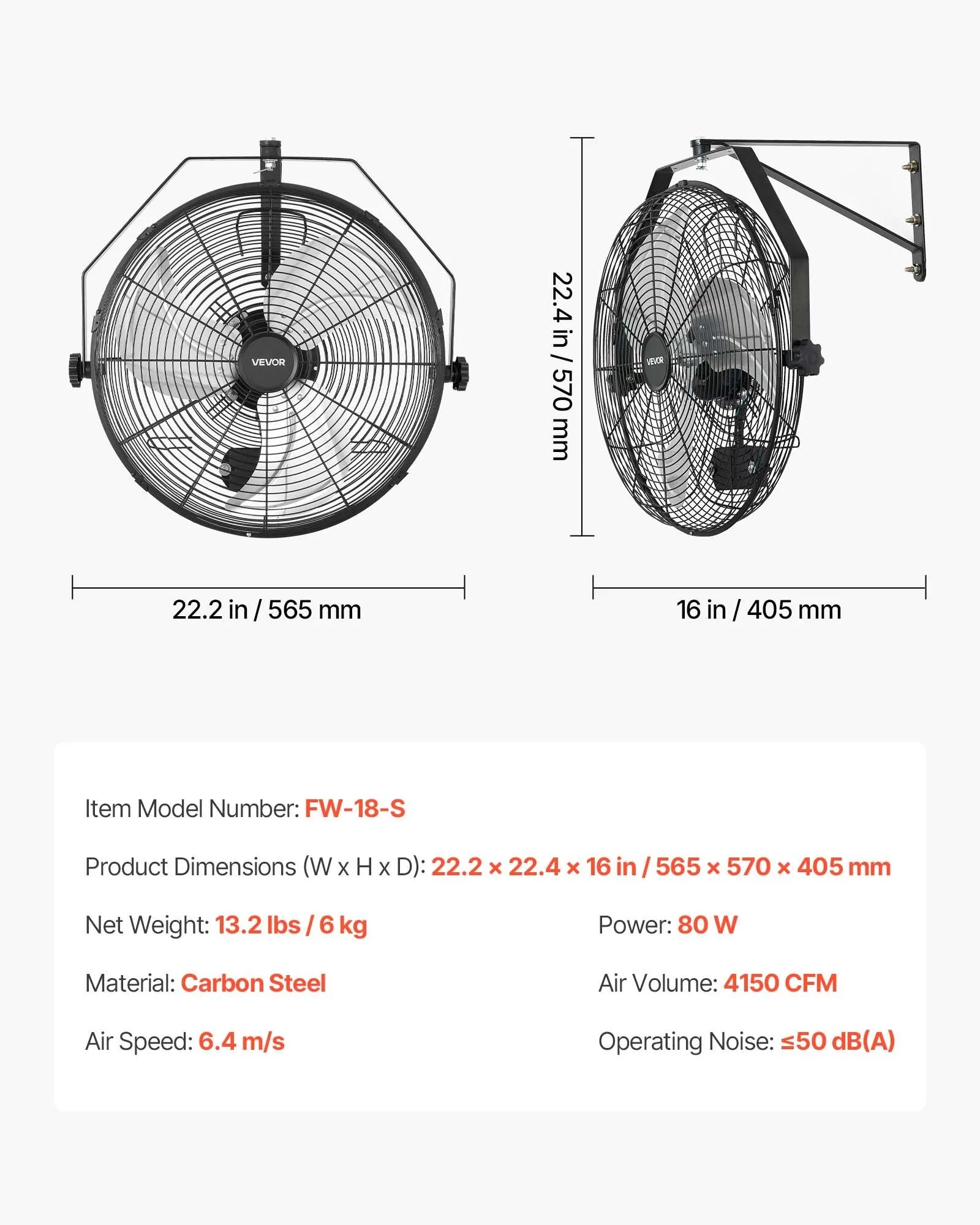 VEVOR sienas ventilators, 450mm, IP44, 3 ātrumi, liels gaisa plūsmas attālums, regulējams rotācijas leņķis, jaudīgs, rūpniecībai, komerctelpām, garāžām, darbnīcām un sporta zālēm