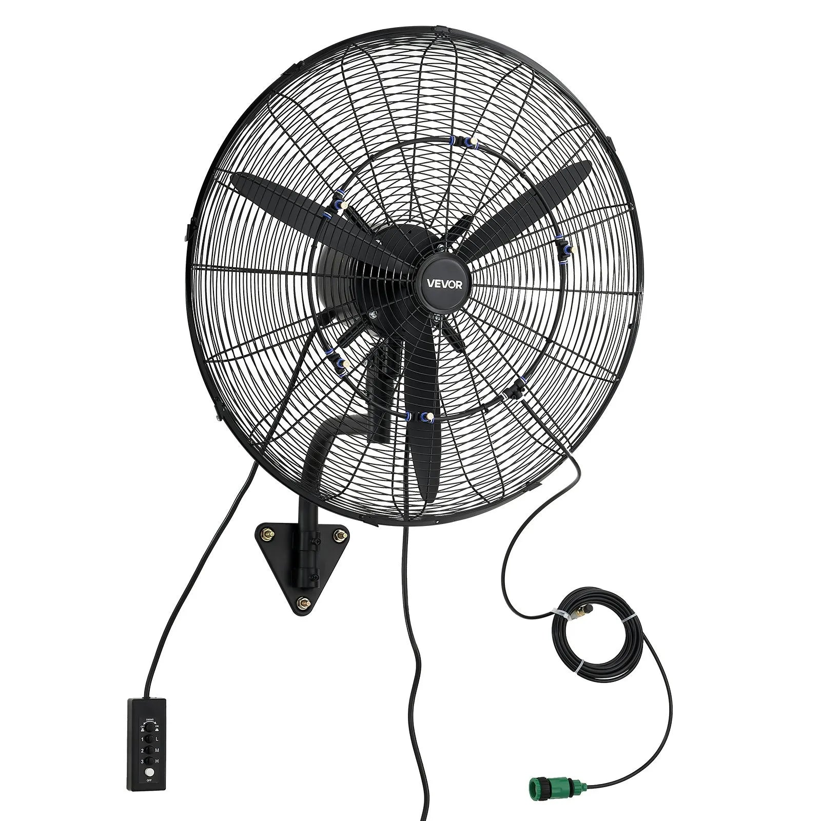 VEVOR sienas ventilators 610 mm, pie sienas pakarināms ventilators ar oscilāciju, miglošanas funkciju, IP44 aizsardzības klase, 3 ātrumi, jaudīga gaisa plūsma, mehāniska vadība, paredzēts rūpnieciskai, komerciālai lietošanai, garāžām un darbnīcām