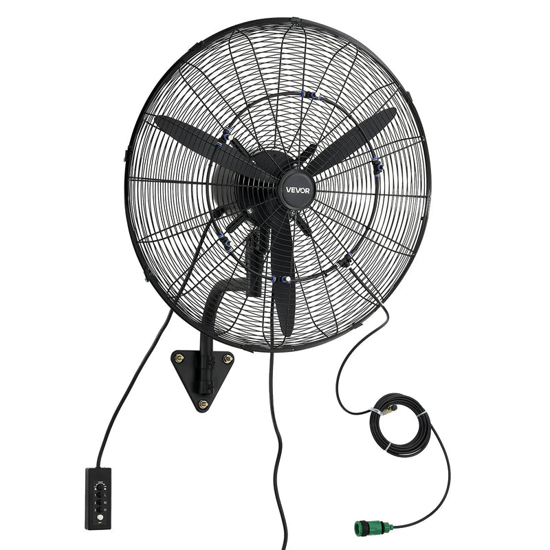 VEVOR sienas ventilators 610 mm, pie sienas pakarināms ventilators ar oscilāciju, miglošanas funkciju, IP44 aizsardzības klase, 3 ātrumi, jaudīga gaisa plūsma, mehāniska vadība, paredzēts rūpnieciskai, komerciālai lietošanai, garāžām un darbnīcām