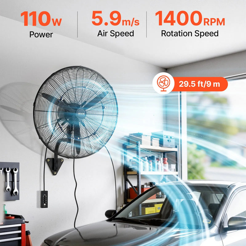 VEVOR sienas ventilators 610 mm, pie sienas pakarināms ventilators ar oscilāciju, miglošanas funkciju, IP44 aizsardzības klase, 3 ātrumi, jaudīga gaisa plūsma, mehāniska vadība, paredzēts rūpnieciskai, komerciālai lietošanai, garāžām un darbnīcām