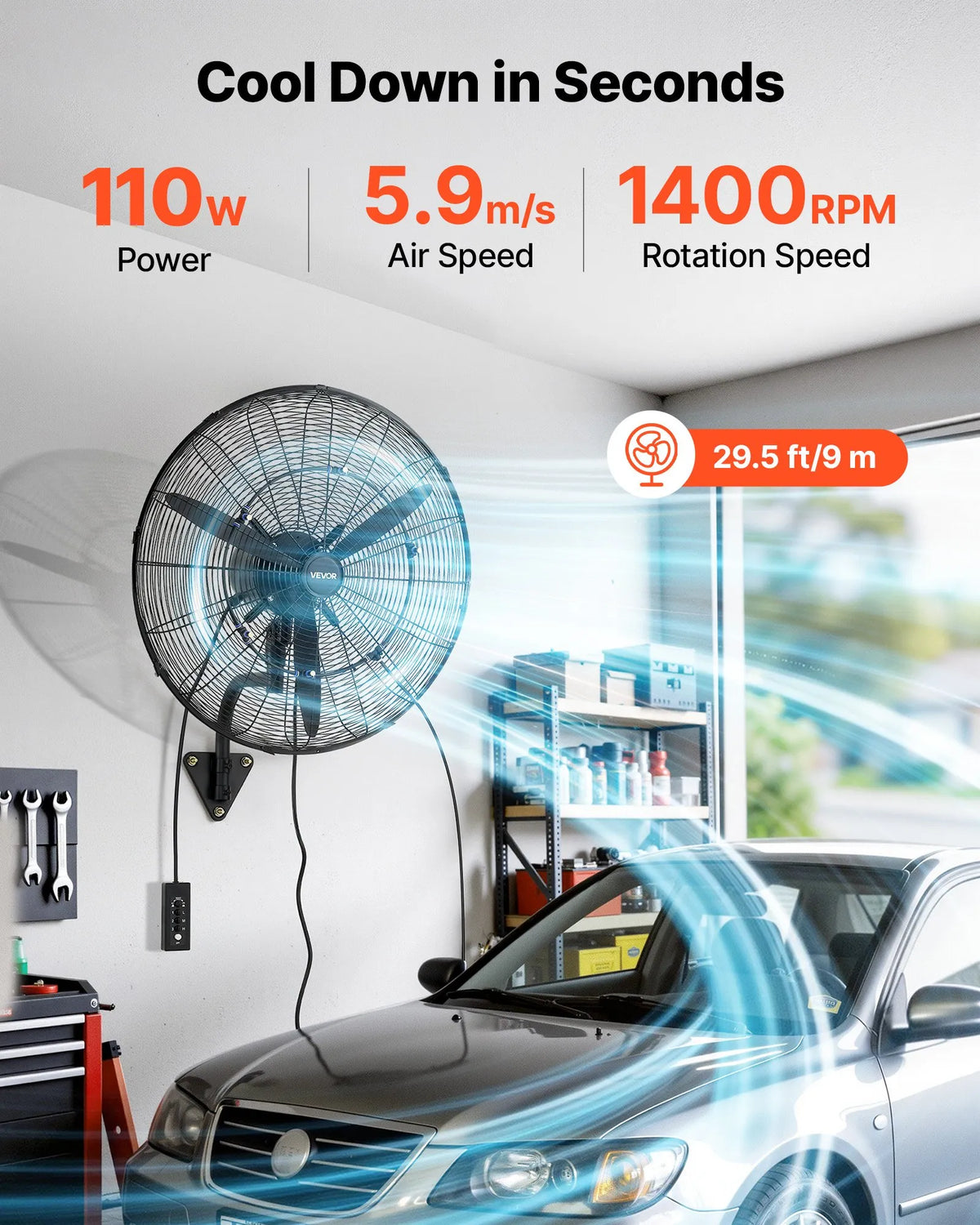 VEVOR sienas ventilators 610 mm, pie sienas pakarināms ventilators ar oscilāciju, miglošanas funkciju, IP44 aizsardzības klase, 3 ātrumi, jaudīga gaisa plūsma, mehāniska vadība, paredzēts rūpnieciskai, komerciālai lietošanai, garāžām un darbnīcām