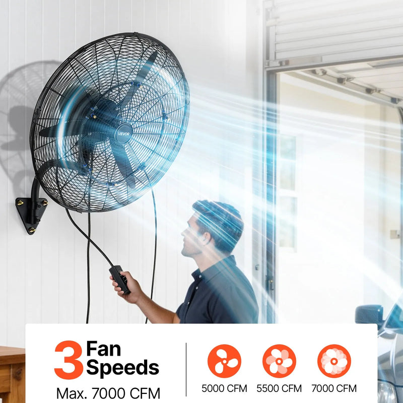 VEVOR sienas ventilators 610 mm, pie sienas pakarināms ventilators ar oscilāciju, miglošanas funkciju, IP44 aizsardzības klase, 3 ātrumi, jaudīga gaisa plūsma, mehāniska vadība, paredzēts rūpnieciskai, komerciālai lietošanai, garāžām un darbnīcām