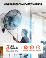 VEVOR sienas ventilators 610 mm, pie sienas pakarināms ventilators ar oscilāciju, miglošanas funkciju, IP44 aizsardzības klase, 3 ātrumi, jaudīga gaisa plūsma, mehāniska vadība, paredzēts rūpnieciskai, komerciālai lietošanai, garāžām un darbnīcām