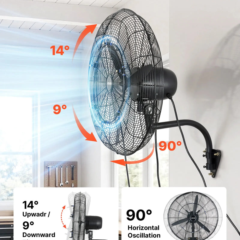 VEVOR sienas ventilators 610 mm, pie sienas pakarināms ventilators ar oscilāciju, miglošanas funkciju, IP44 aizsardzības klase, 3 ātrumi, jaudīga gaisa plūsma, mehāniska vadība, paredzēts rūpnieciskai, komerciālai lietošanai, garāžām un darbnīcām