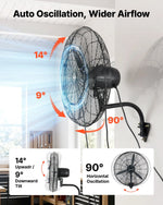 VEVOR sienas ventilators 610 mm, pie sienas pakarināms ventilators ar oscilāciju, miglošanas funkciju, IP44 aizsardzības klase, 3 ātrumi, jaudīga gaisa plūsma, mehāniska vadība, paredzēts rūpnieciskai, komerciālai lietošanai, garāžām un darbnīcām