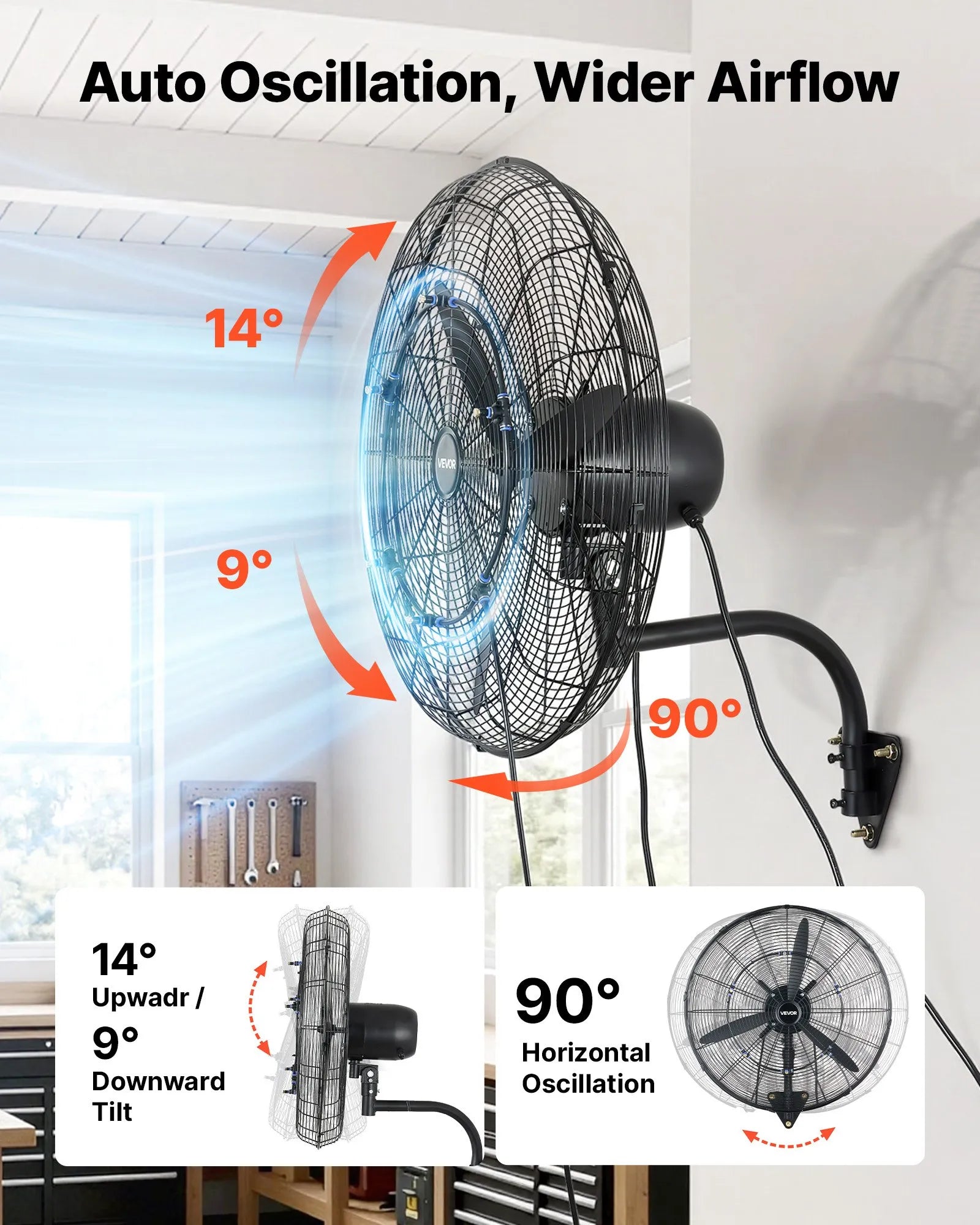 VEVOR sienas ventilators 610 mm, pie sienas pakarināms ventilators ar oscilāciju, miglošanas funkciju, IP44 aizsardzības klase, 3 ātrumi, jaudīga gaisa plūsma, mehāniska vadība, paredzēts rūpnieciskai, komerciālai lietošanai, garāžām un darbnīcām