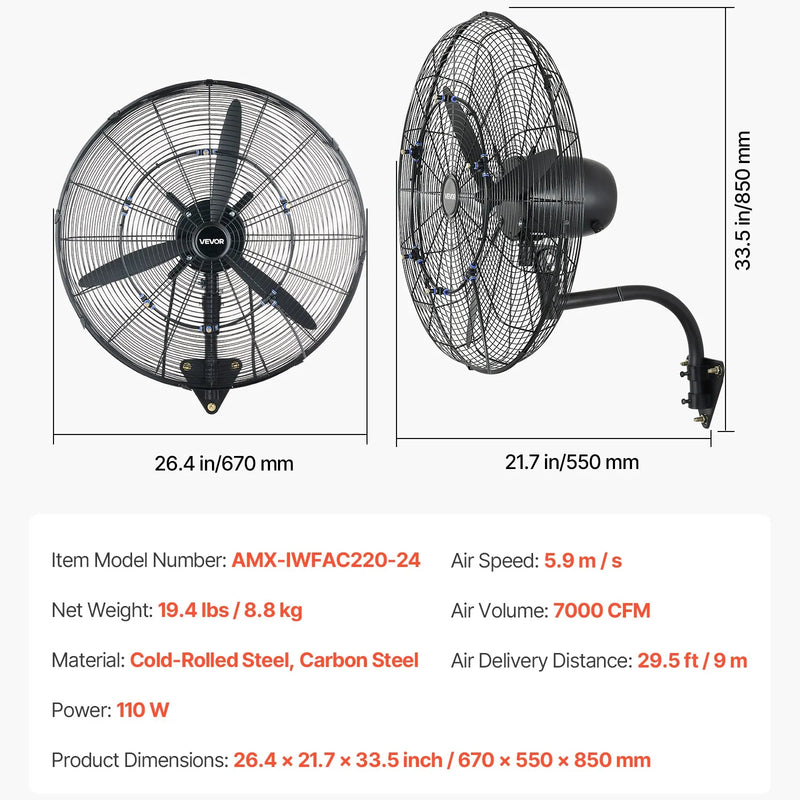 VEVOR sienas ventilators 610 mm, pie sienas pakarināms ventilators ar oscilāciju, miglošanas funkciju, IP44 aizsardzības klase, 3 ātrumi, jaudīga gaisa plūsma, mehāniska vadība, paredzēts rūpnieciskai, komerciālai lietošanai, garāžām un darbnīcām