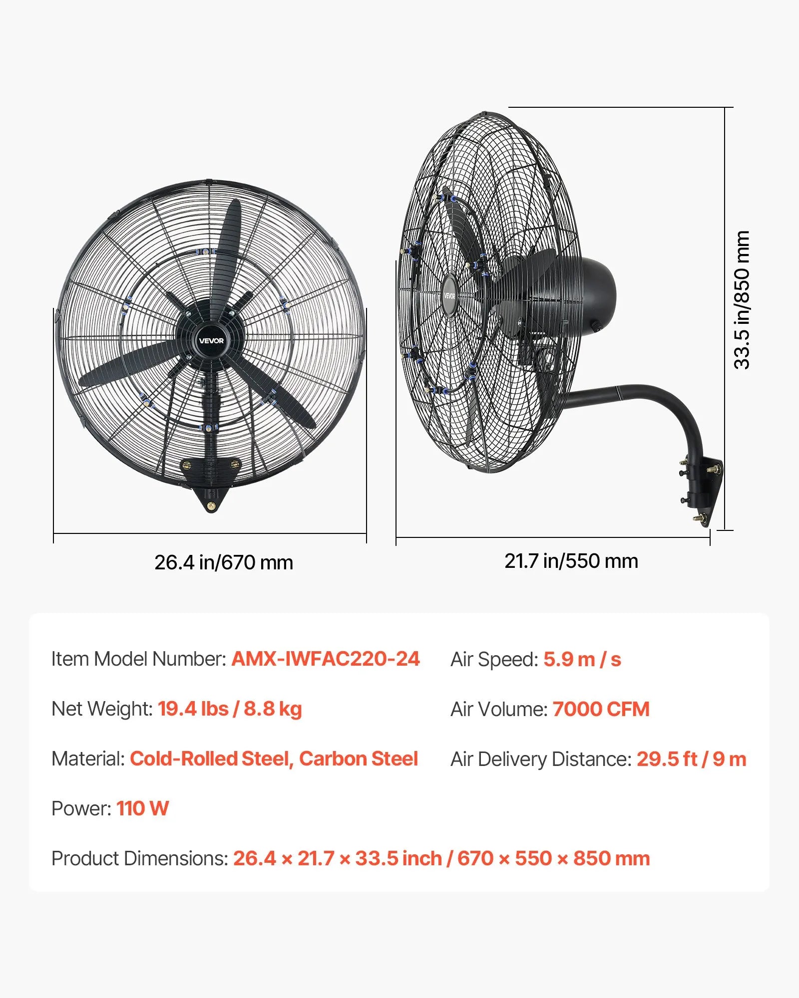 VEVOR sienas ventilators 610 mm, pie sienas pakarināms ventilators ar oscilāciju, miglošanas funkciju, IP44 aizsardzības klase, 3 ātrumi, jaudīga gaisa plūsma, mehāniska vadība, paredzēts rūpnieciskai, komerciālai lietošanai, garāžām un darbnīcām