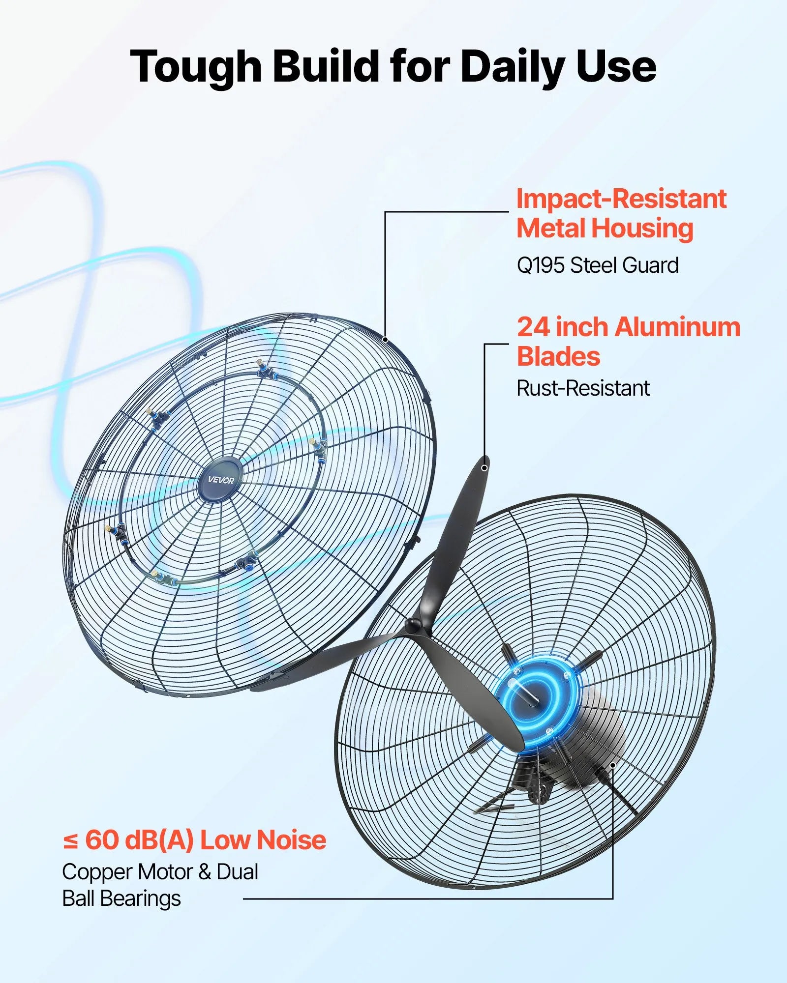 VEVOR sienas ventilators 610 mm, pie sienas pakarināms ventilators ar oscilāciju, miglošanas funkciju, IP44 aizsardzības klase, 3 ātrumi, jaudīga gaisa plūsma, mehāniska vadība, paredzēts rūpnieciskai, komerciālai lietošanai, garāžām un darbnīcām