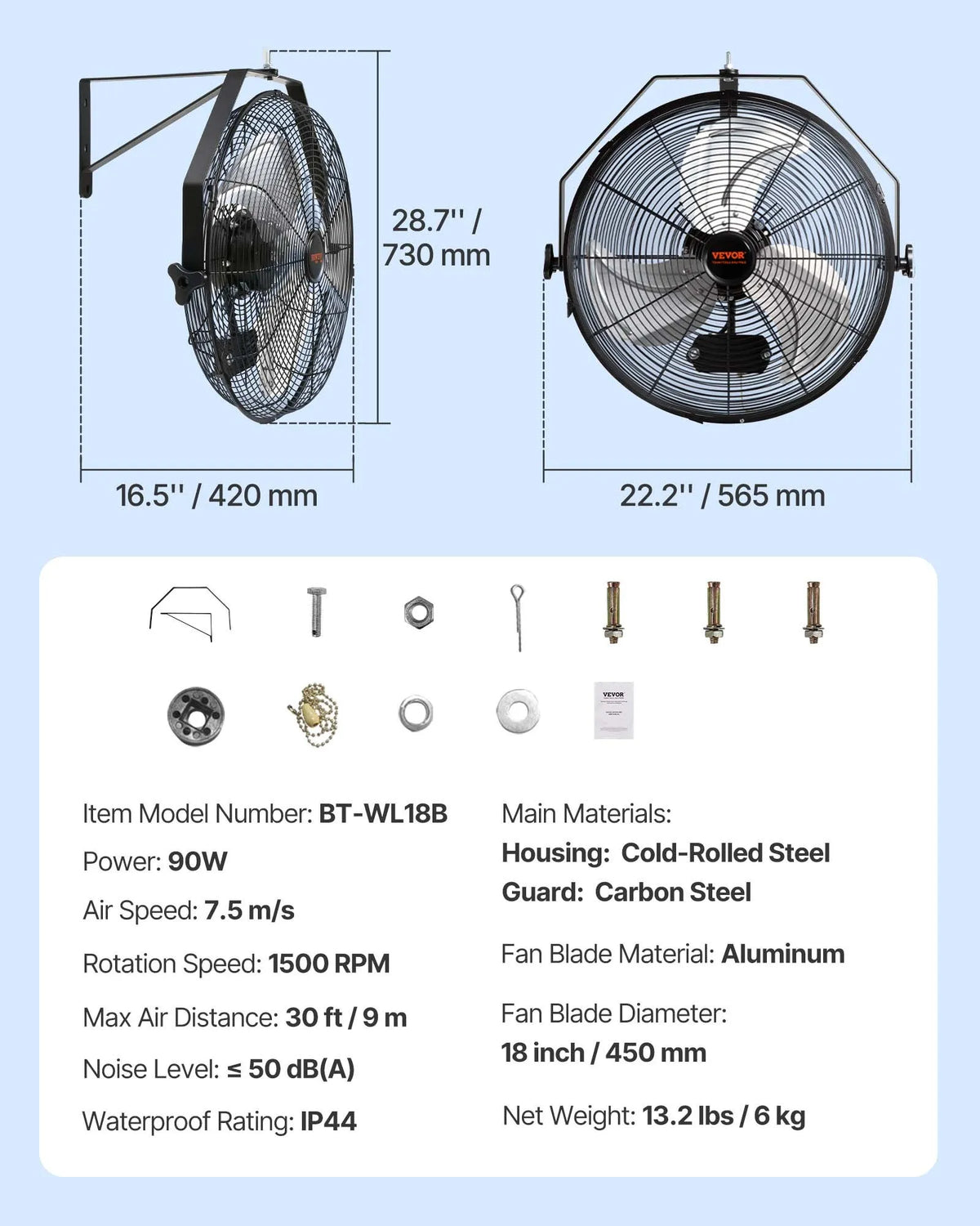 Rūpnieciskais sienas ventilators 44,6 cm, 3 ātrumi