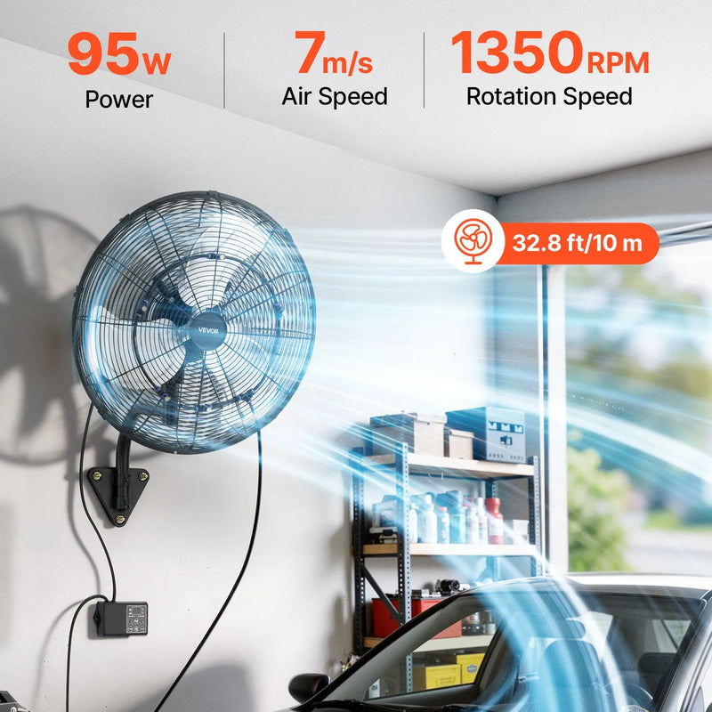 VEVOR sienas ventilators, 505mm, ar svārstību un miglas funkciju, tālvadības pulti, IP44, 3 ātrumi, 18h taimeris, temperatūras kontrole, rūpniecībai, komerctelpām, garāžām, darbnīcām un sporta zālēm
