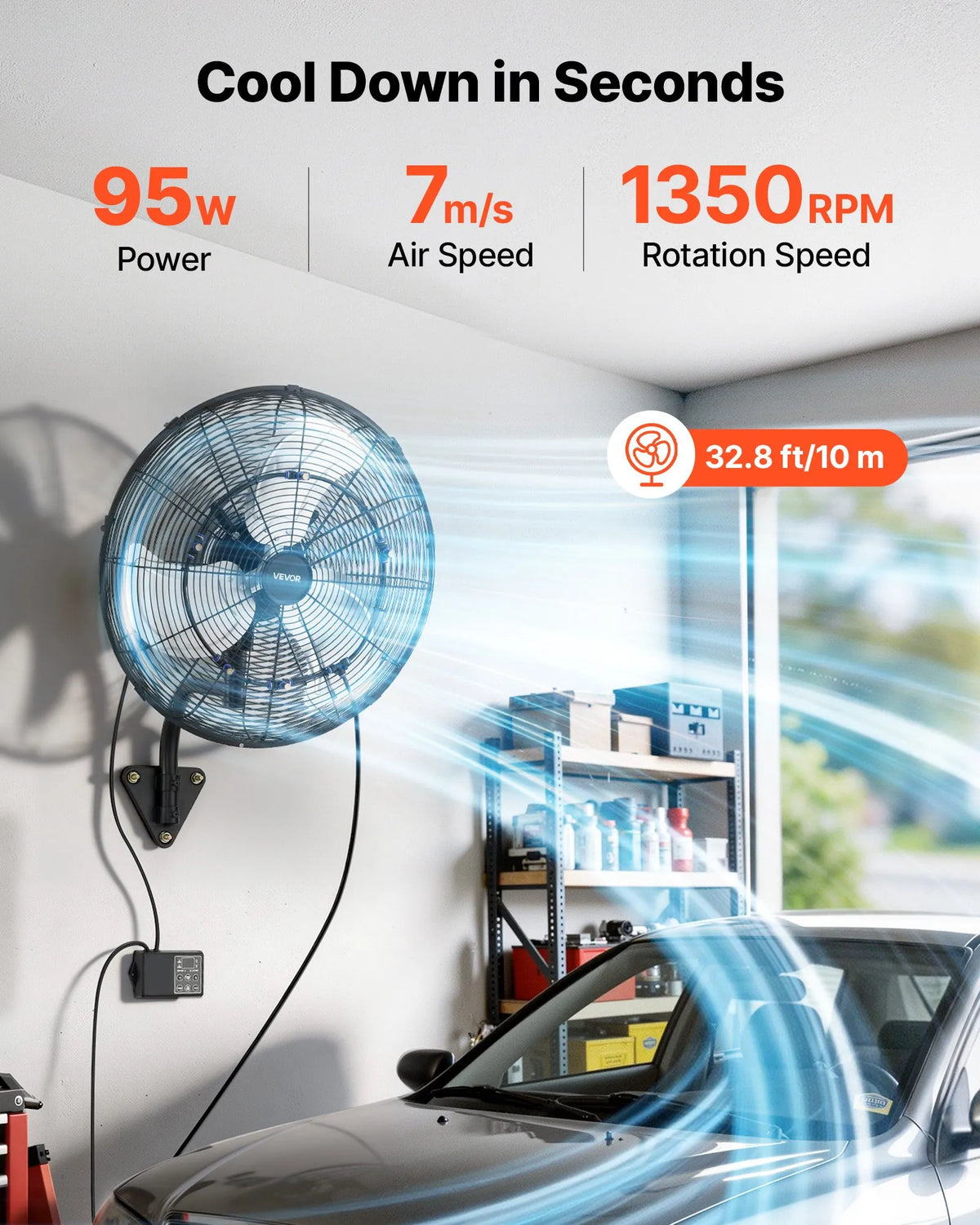 VEVOR sienas ventilators, 505mm, ar svārstību un miglas funkciju, tālvadības pulti, IP44, 3 ātrumi, 18h taimeris, temperatūras kontrole, rūpniecībai, komerctelpām, garāžām, darbnīcām un sporta zālēm